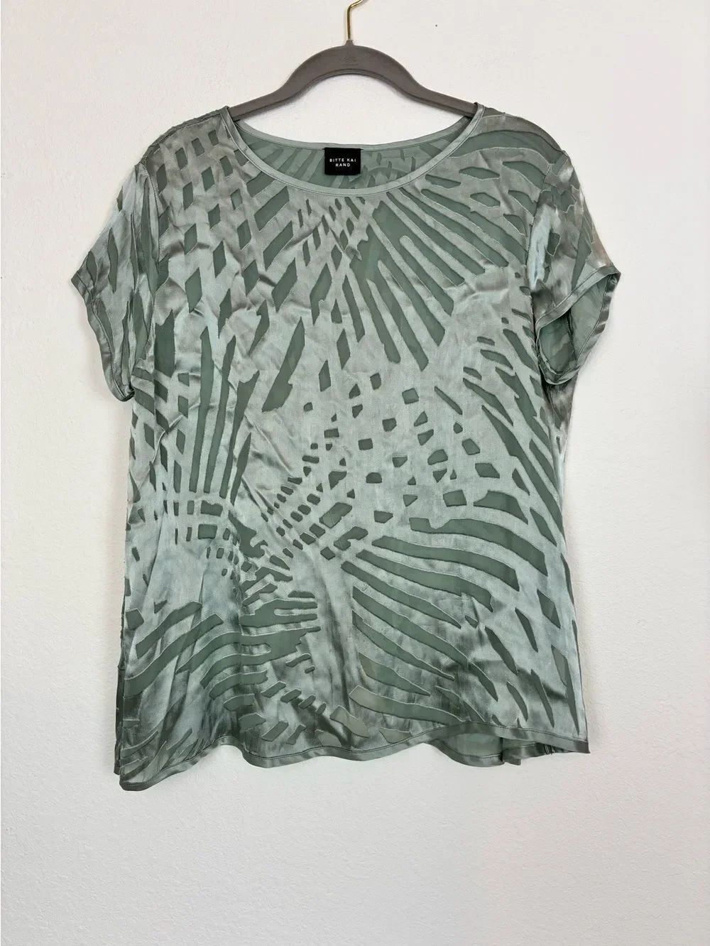 Bitte Kai Rand Silk Mint Green Abstract Leaf-Print Blouse w/ leaf fold back